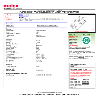0190190015 Datasheet PDF Molex Connectors