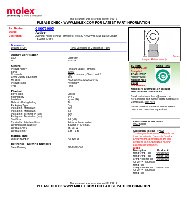 0190730005 Datasheet PDF Molex Connectors
