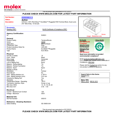 930913 Datasheet PDF Molex Connectors