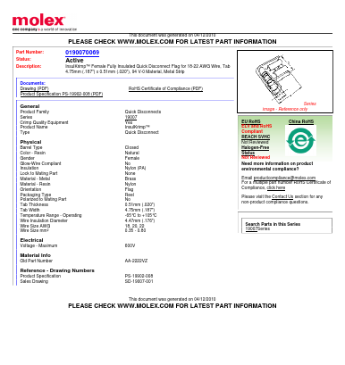 0190070069 Datasheet PDF Molex Connectors
