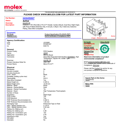 43045-0607 Datasheet PDF Molex Connectors