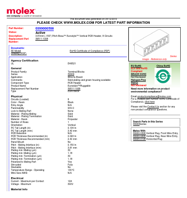 0399000508 Datasheet PDF Molex Connectors