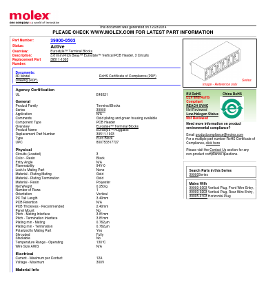 0399000503 Datasheet PDF Molex Connectors