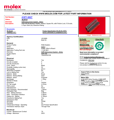 0416710027 Datasheet PDF Molex Connectors