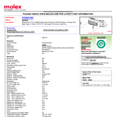 0743201003 Datasheet PDF Molex Connectors