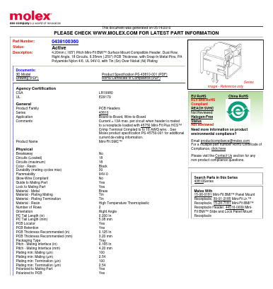 43810-0360 Datasheet PDF Molex Connectors