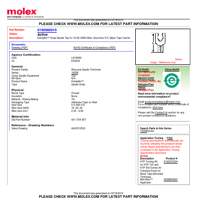 0190980019 Datasheet PDF Molex Connectors