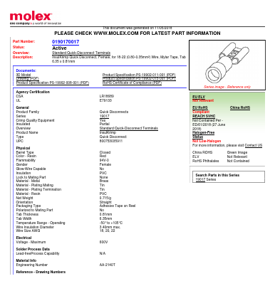 0190170017 Datasheet PDF Molex Connectors