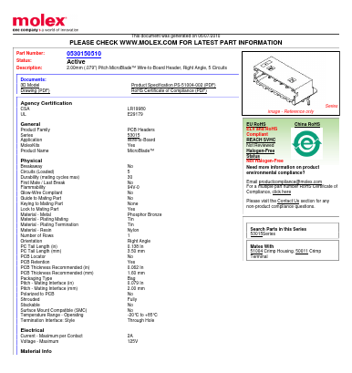 0530150510 Datasheet PDF Molex Connectors