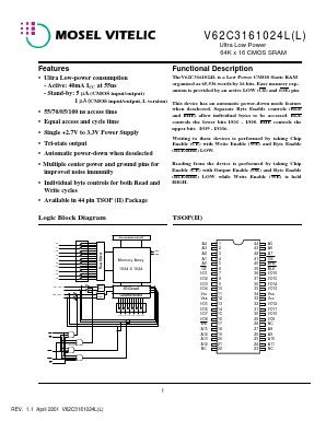 V62C3161024L-100T Datasheet PDF Mosel Vitelic Corporation 