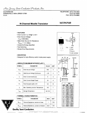 MTP6N60 Datasheet PDF New Jersey Semiconductor