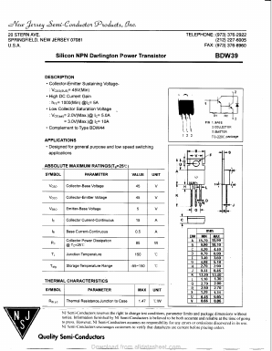 BDW39 Datasheet PDF New Jersey Semiconductor