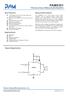 PAM8301 Datasheet PDF Power Analog Micoelectronics