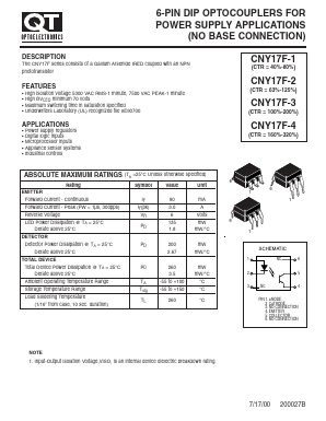 CNY17F Datasheet PDF QT Optoelectronics => Fairchildsemi