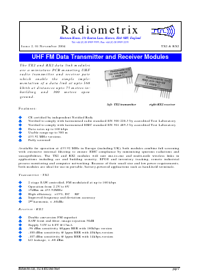 RX2-433 Datasheet PDF Radiometrix Ltd