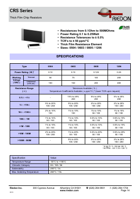 CRS1206 Datasheet PDF Riedon Powertron