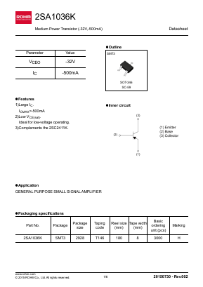 2SA1036KT146 Datasheet PDF ROHM Semiconductor