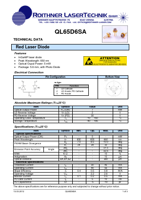 QL65D6SA Datasheet PDF Roithner LaserTechnik GmbH