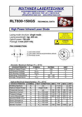 RLT830-150GS Datasheet PDF Roithner LaserTechnik GmbH