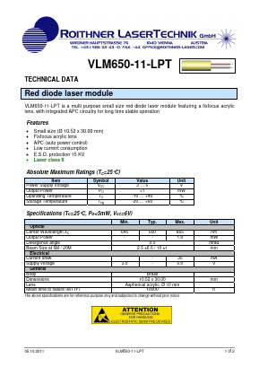 VLM650-11-LPT Datasheet PDF Roithner LaserTechnik GmbH