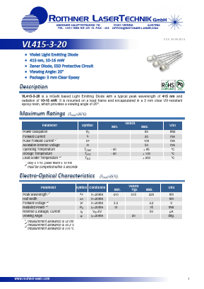 VL415-3-20 Datasheet PDF Roithner LaserTechnik GmbH