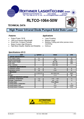 RLTCO-1064-50W Datasheet PDF Roithner LaserTechnik GmbH
