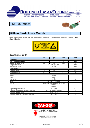 LM-102-B004 Datasheet PDF Roithner LaserTechnik GmbH