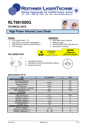 RLT981000G Datasheet PDF Roithner LaserTechnik GmbH