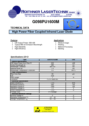 G098PU1600M Datasheet PDF Roithner LaserTechnik GmbH