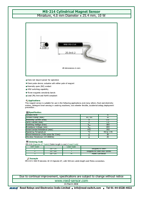 MS-214-3 Datasheet PDF Reed Relays and Electronics