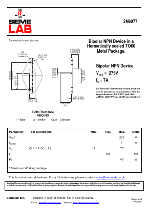 2N6077 Datasheet PDF Semelab - > TT Electronics plc 