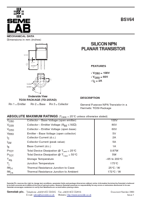 BSV64 Datasheet PDF Semelab - > TT Electronics plc 
