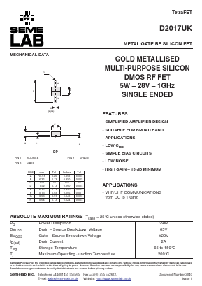 D2017UK Datasheet PDF Semelab - > TT Electronics plc 