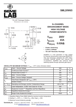SML20W65 Datasheet PDF Semelab - > TT Electronics plc 