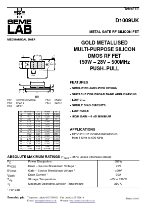 D1009UK Datasheet PDF Semelab - > TT Electronics plc 