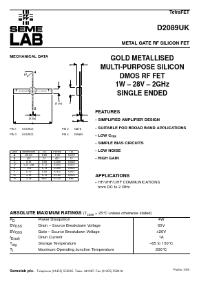 D2089UK Datasheet PDF Semelab - > TT Electronics plc 