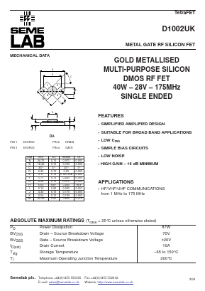 D1002UK Datasheet PDF Semelab - > TT Electronics plc 