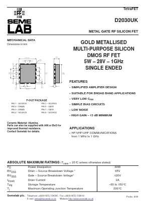 D2030UK Datasheet PDF Semelab - > TT Electronics plc 