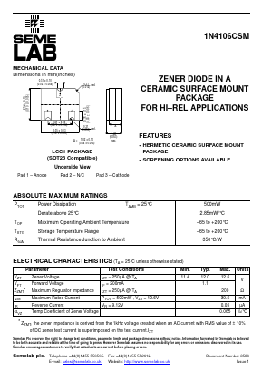 1N4106CSM Datasheet PDF Semelab - > TT Electronics plc 