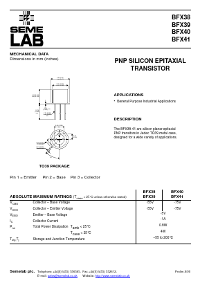 BFX38 Datasheet PDF Semelab - > TT Electronics plc 