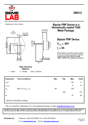 2N6313 Datasheet PDF Semelab - > TT Electronics plc 