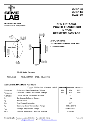 2N4910X Datasheet PDF Semelab - > TT Electronics plc 