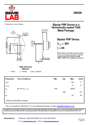 2N6299 Datasheet PDF Semelab - > TT Electronics plc 