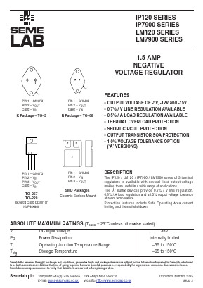 LM7905K Datasheet PDF Semelab - > TT Electronics plc 