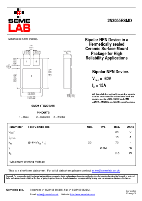 2N3055ESMD Datasheet PDF Semelab - > TT Electronics plc 