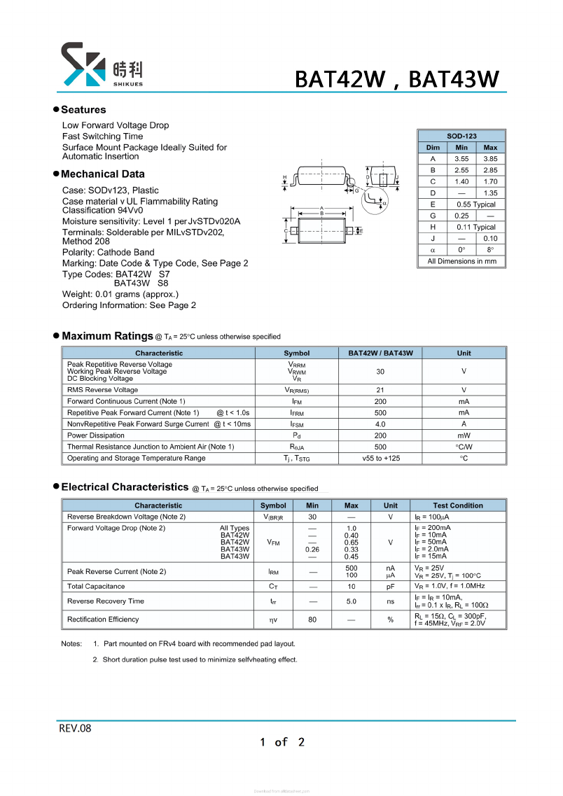 BAT42W Datasheet PDF SHIKE Electronics