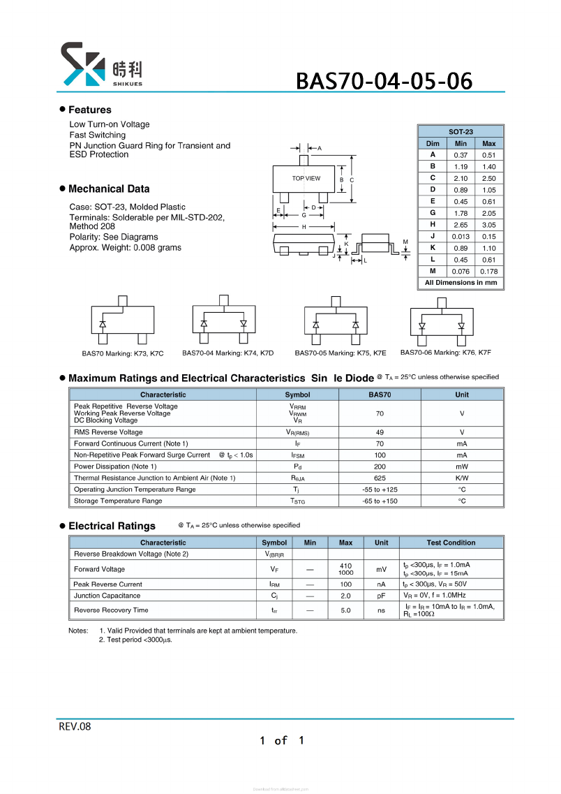 BAS70-04 Datasheet PDF SHIKE Electronics
