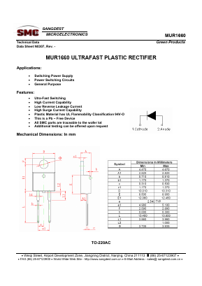 MUR1660 Datasheet PDF Sangdest Microelectronic (Nanjing) Co., Ltd