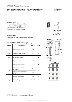 2SB1144 Datasheet PDF Shenzhen SPTECH Microelectronics Co., Ltd.