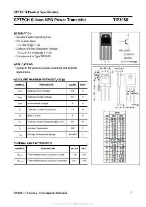 TIP3055 Datasheet PDF Shenzhen SPTECH Microelectronics Co., Ltd.
